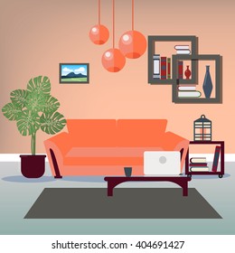 Modern Interior Living Room. Minimalism Style with Furniture. Vector illustration