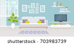 Modern interior of the living room. Vector banner. Design of a cozy room with sofa, TV stand, window and decor accessories.