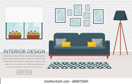 Modern interior of the living room. Vector banner with place for text. Design of a cozy room with sofa, floor lamp, window, carpet and decor accessories.