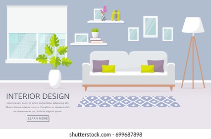 Modern interior of the living room. Vector banner with place for text. Design of a cozy room with sofa, window, lamp and decor accessories.