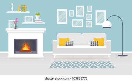 Modern interior of the living room. Vector banner. Design of a cozy room with sofa, fireplace and decor accessories. 