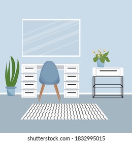 Modern interior with makeup, make up table, mirror. Room, saloon beauty place. Empty in flat style. 