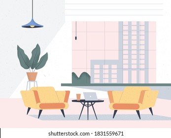Modern interior Office Room and Cityscape. Coworking office with a city view. Creative workplace open space, working center. Cartoon flat vector illustration