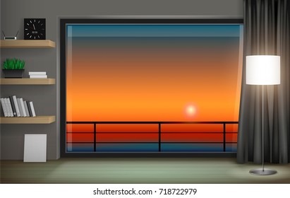 Modern interior with panoramic window and sunset view.