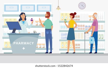 Modern interior pharmacy or drugstore with female pharmacist at the counter and diverse age customers. Medicine supplies store flat cartoon vector illustration backdrop.