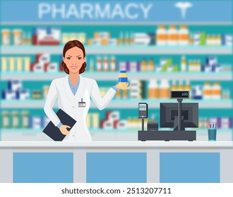 Modern interior pharmacy or drugstore with female pharmacist at the counter. Pharmacist showing some medicine. vector illustration in flat style