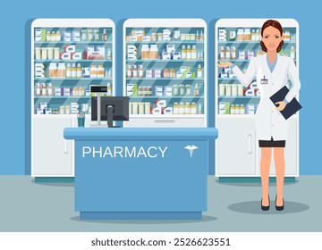 Moderna farmacia interior o farmacia con farmacéutico masculino en el mostrador. Las cápsulas de las píldoras de la medicina embotellan las vitaminas y las tabletas. Ilustración vectorial en estilo plano