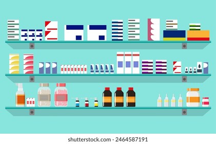 Modern interior pharmacy or drugstore. Medicine pills capsules bottles vitamins and tablets. vector illustration in flat style