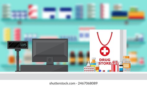 Modern interior pharmacy or drugstore. Medicine products on shelves. Cash register. Shopping bag with different medical pills and bottles, healthcare and shopping. Vector illustration in flat style