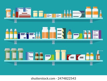 Modern interior pharmacy or drugstore. Medicine pills capsules bottles vitamins and tablets. vector illustration in flat style.