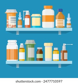 Modern interior pharmacy or drugstore. Medicine pills capsules bottles vitamins and tablets. vector illustration in flat style.