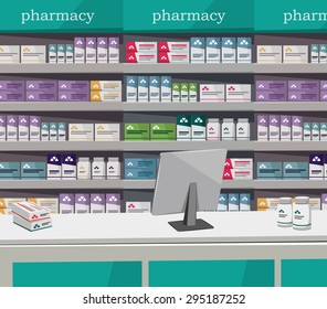 Modern interior pharmacy and drugstore. Sale of vitamins and medications. Vector simple illustration.