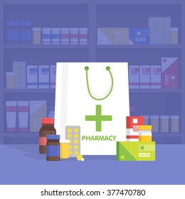 Modern interior pharmacy and drugstore. Sale of vitamins and medications. Vector simple illustration. Sale and discount template. Set of pills and drugs.