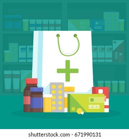 Modern interior pharmacy and drugstore. Sale of vitamins and medications. Shopping bag with different medical pills and bottles. Vector simple illustration.
