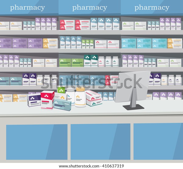 現代のインテリア薬局と薬局 ビタミンや薬の販売 カートーンのベクター画像の簡単なイラスト のベクター画像素材 ロイヤリティフリー 410637319