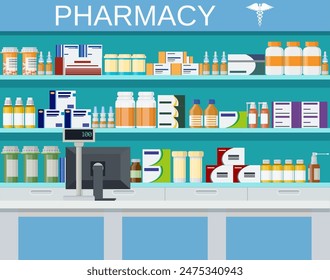 Modern interior pharmacy and drugstore. pharmacy shelves with medicine pills bottles liquids and capsules. vector illustration in flat style.