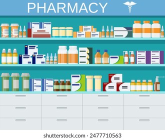 Moderna farmacia interior y farmacia. estantes de farmacia con pastillas medicinales, frascos líquidos y cápsulas. Ilustración vectorial en estilo plano.