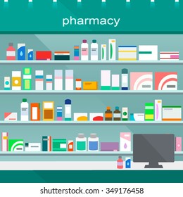 Modern interior pharmacy and drugstore. . Vector  illustration.