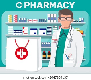 Moderno interior de farmacia y farmacéutico masculino. Medicine pills cápsulas frascos vitaminas y tabletas. Escaparate de farmacia. Estantes con medicamentos. Medicina, salud. Ilustración vectorial plana