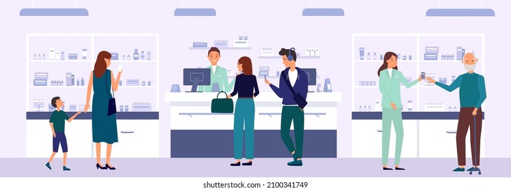 Interior moderno de una farmacia con un conjunto de visitantes.  Un farmacéutico sonriente y los clientes están en línea, los personajes están buscando y comprando medicinas. Ilustración vectorial plana en estilo de dibujos animados.