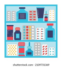 Modern interior pharmacy or shelf. Medicine pills, capsules, bottles with pills and liquid, vitamins and tablets in blister pack. Vector illustration in flat style. Concept of pharmaceutics