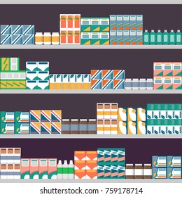 Modern interior of pharmacy storage of drugs on shelves. Vector illustration in flat style