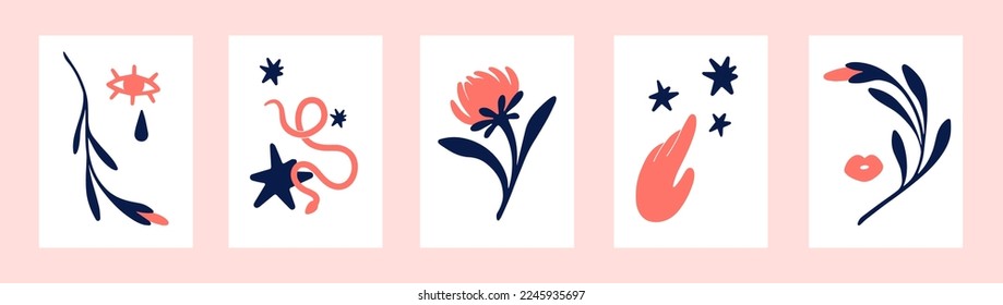 Modern interior posters set. Mystic floral wall art with flowers, stars, plants, eye in contemporary minimalistic style. Abstract pictures, artworks for home decoration. Flat vector illustrations