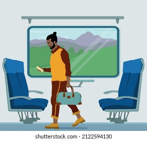 Modern interior of a railway carriage and a passenger with a ticket and luggage. Transport, travel. Vector illustration.