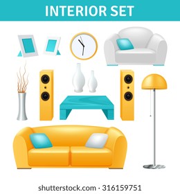 Modern interior realistic design set with sofa stereo system vase and table isolated vector illustration 