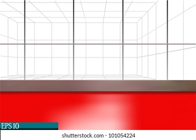 modern interior with a red floor and a big window (vector 10 eps)