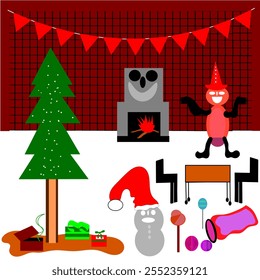 Modern interior of a room for a Christmas party. Christmas tree, gifts, beautiful furniture, decorations, Christmas candy, Christmas sacks.