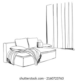 Modern interior room sketch. Hand drawn sofa.