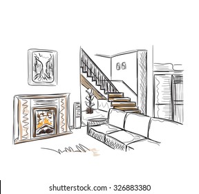 Modern interior room sketch. Hand drawn interior.