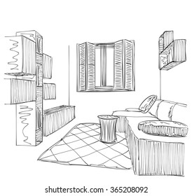 Modern interior room sketch. Hand drawn furniture.