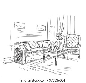 Modern interior room sketch. hand drawn workplace.