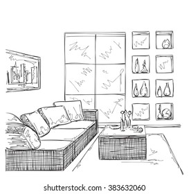 Modern interior room sketch. Hand drawn furniture.