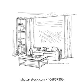 Modern interior room sketch. Hand drawn furniture.
