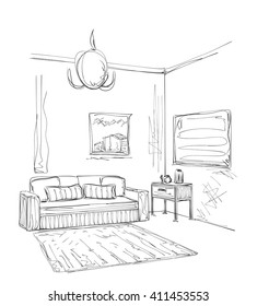 Modern interior room sketch. Hand drawn illustration.