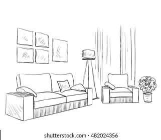 Modern Interior Room Sketch. Hand Drawn Furniture