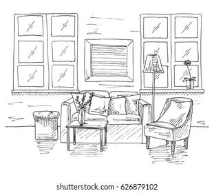 Modern interior of the room. Sofa, in front of the sofa is a table. Nearby is an armchair and a floor lamp. Vector illustration in a sketch style