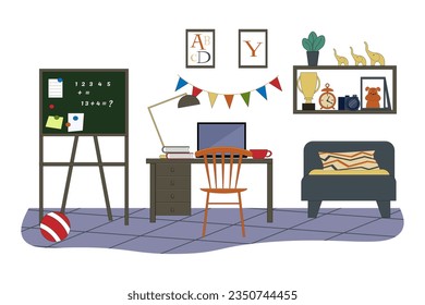 Modern interior of a room for teenagers. Furniture for a children's room - a bed, a table and a chair, a workplace with a laptop, a blackboard. Vector flat illustration. For use on covers, flyers, 