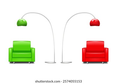 Modern interior set. Leather armchair with metal legs and arc floor stand lamp with metal lampshade. Green and red color. Easy editable. Realistic vector illustration