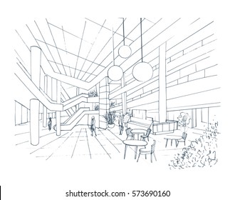 Modern interior shopping center, mall. Contour sketch illustration with food court. 