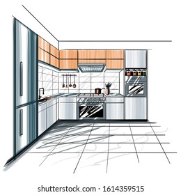 Modern interior sketch of corner kitchen. Design house. Architecture.