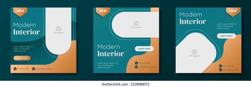 Modern Interior Social Media Post, Banner Set, Home Furniture Store Advertisement Concept, Living Room Decoration Marketing Square Ad, Abstract Print, Isolated On Background.