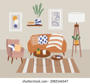 Modern interior with sofa, armchair and floor lamp. Vector illustration in flat style