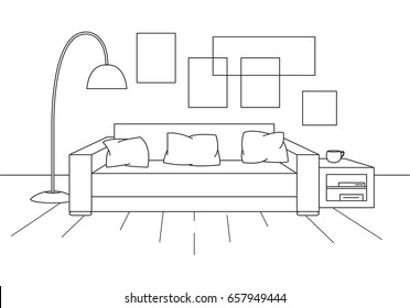 Modern interior. Sofa, floor lamp and bedside table.  Vector illustration in a linear style.