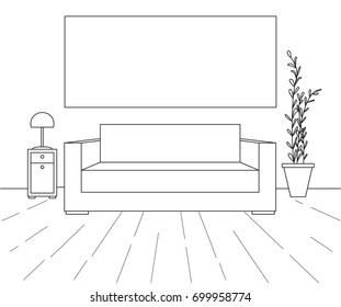 Modern interior. Sofa, floor lamp and bedside table. Frame on the wall for Fitting Your information. Vector illustration in a linear style.