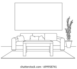 Modern interior. Sofa, lamp and bedside table. In front of the sofa is a carpet. Frame on the wall for Fitting Your information.Vector illustration in a linear style.