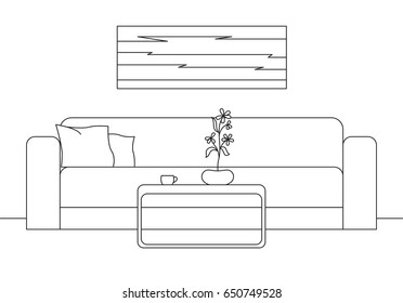 Modern interior. Sofa, table in front of the sofa. On the table a vase with a plant. On the wall hangs a picture. Vector illustration in a linear style.
